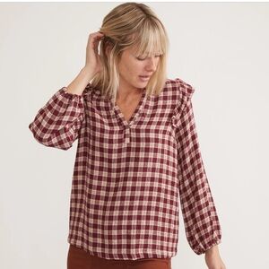 Marine Layer Jamie Ruffle Sleeve Plaid Top – Size Small – Burgundy / Cream